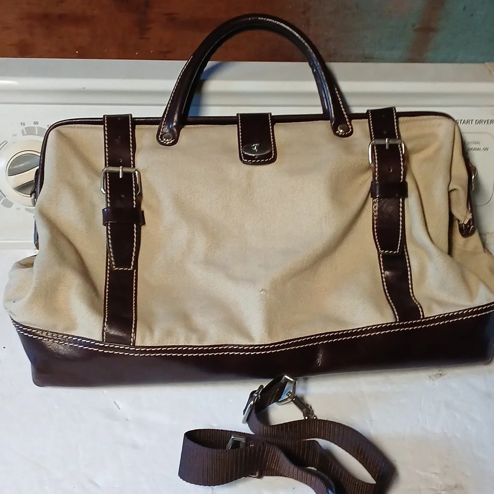 LEVENGER Canvas LEATHER Trim TOTE BAG PURSE BROWN & Tan - Picture 4 of 10